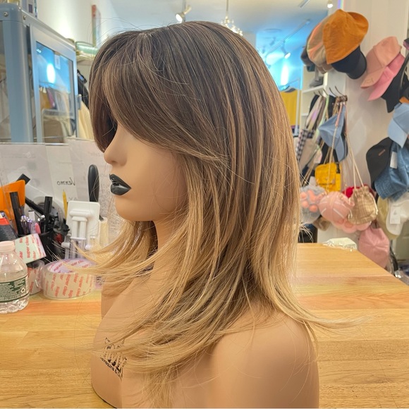 - Human hair brown ombre blonde blend dark root wig main image 6